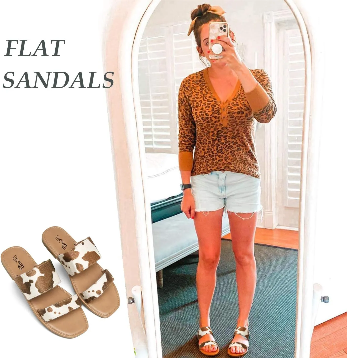 katliu Women's Flat Sandals Two Strap Slide Sandals Open Toe