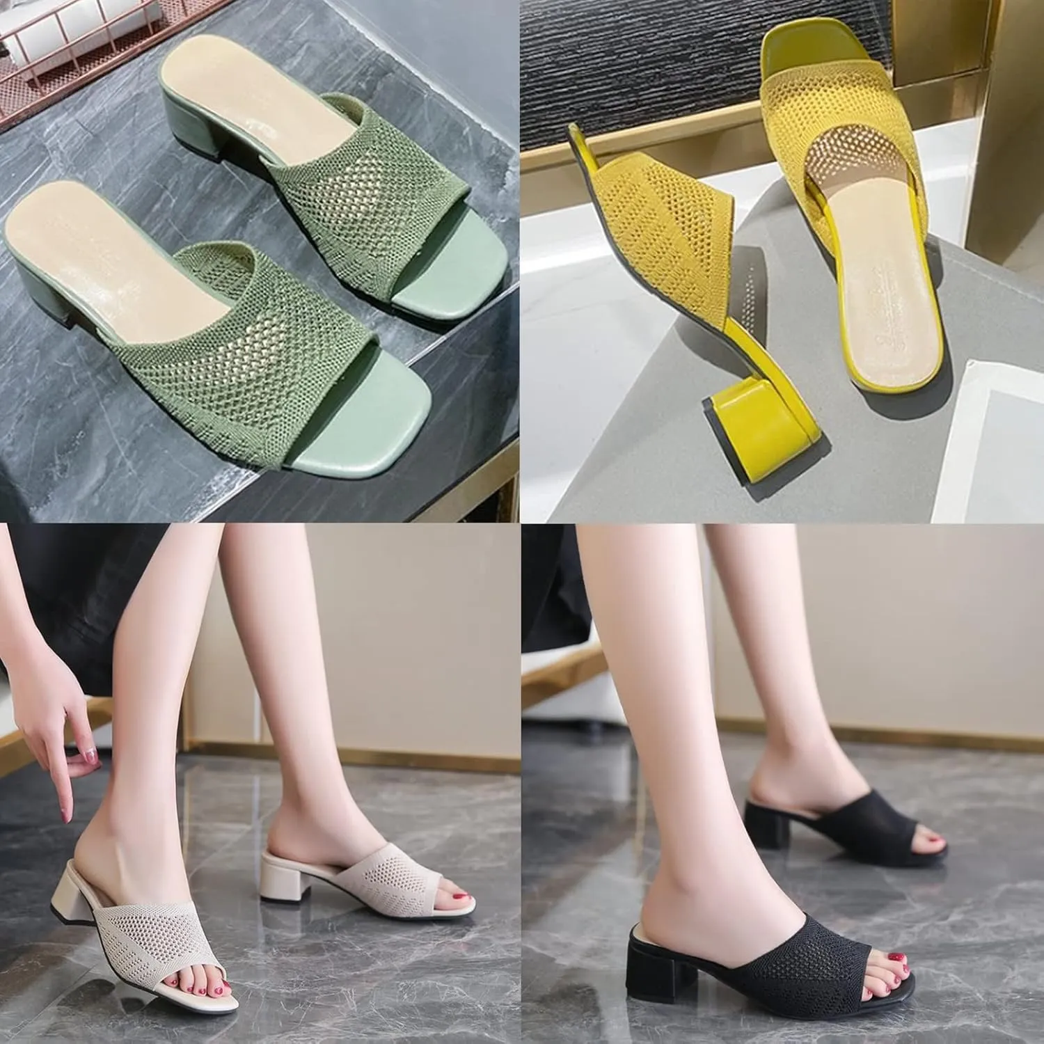 KCTRFSJ Women's Knit Mesh Slip On Block Heeled Mule Sandals Fashion Square Toe Comfort Casual Beach Low Chunky Heels Open Toe Walking Slide Sandals