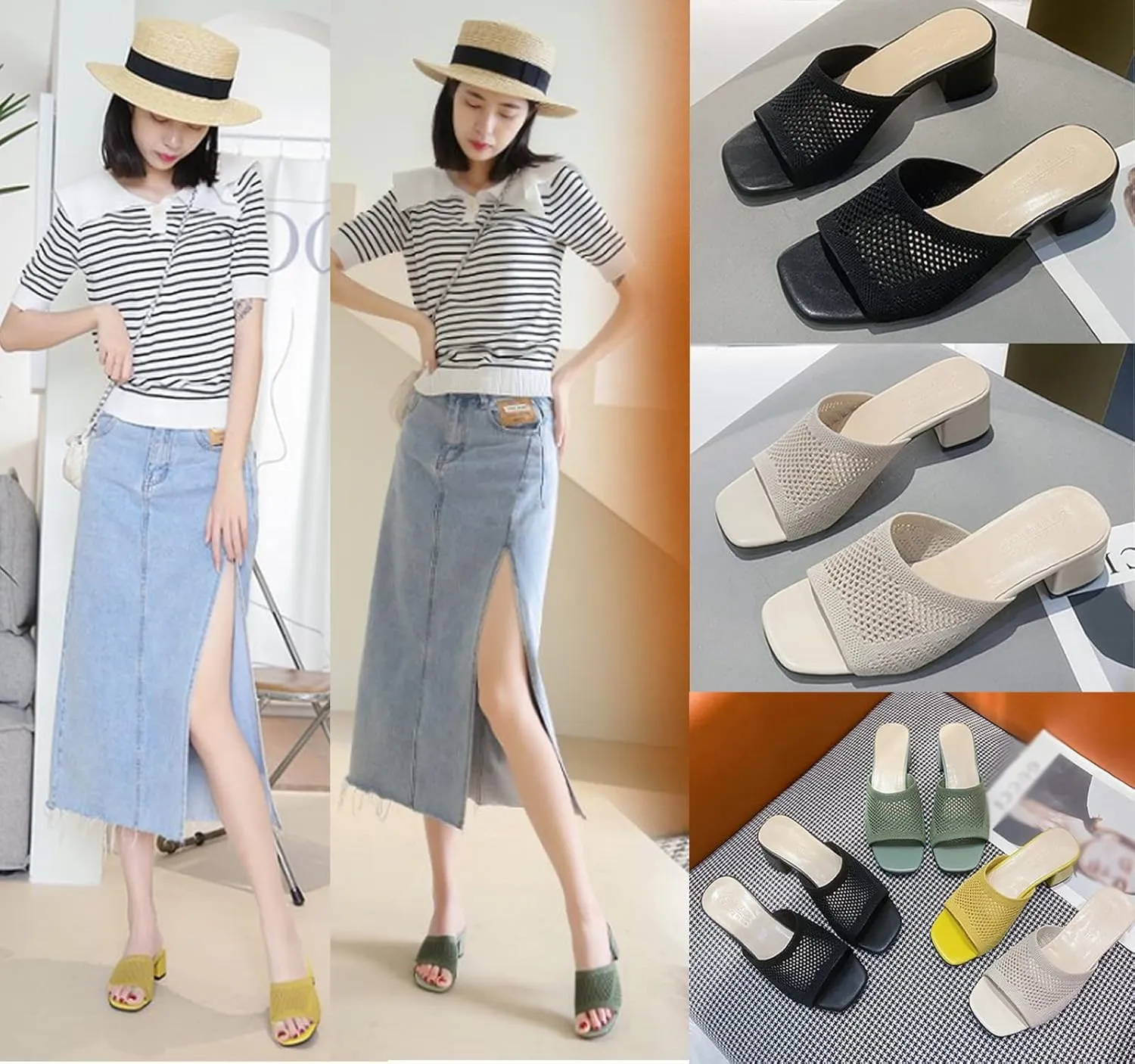 KCTRFSJ Women's Knit Mesh Slip On Block Heeled Mule Sandals Fashion Square Toe Comfort Casual Beach Low Chunky Heels Open Toe Walking Slide Sandals