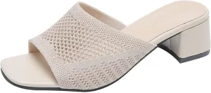 KCTRFSJ Women's Knit Mesh Slip On Block Heeled Mule Sandals Fashion Square Toe Comfort Casual Beach Low Chunky Heels Open Toe Walking Slide Sandals