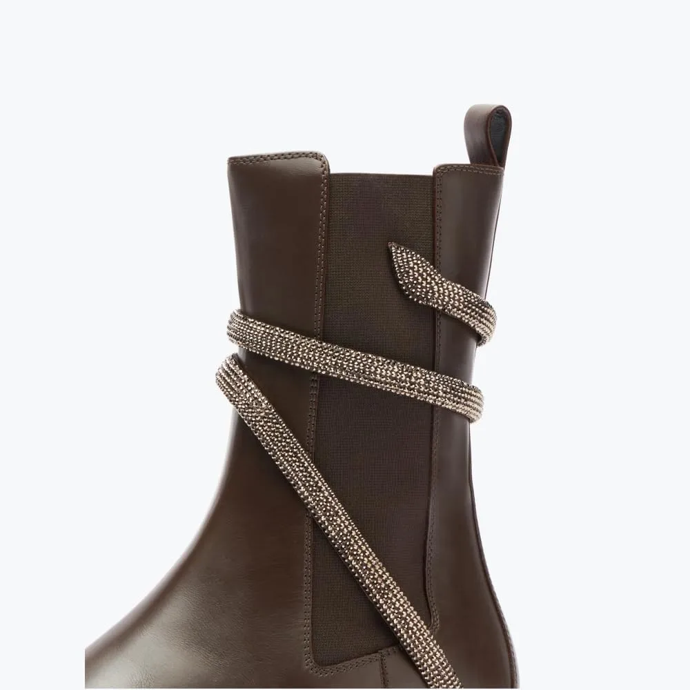 keleimusi Women's Crystal Embellished Ankle Wrap Chelsea Combat Booties with Flat Lugs