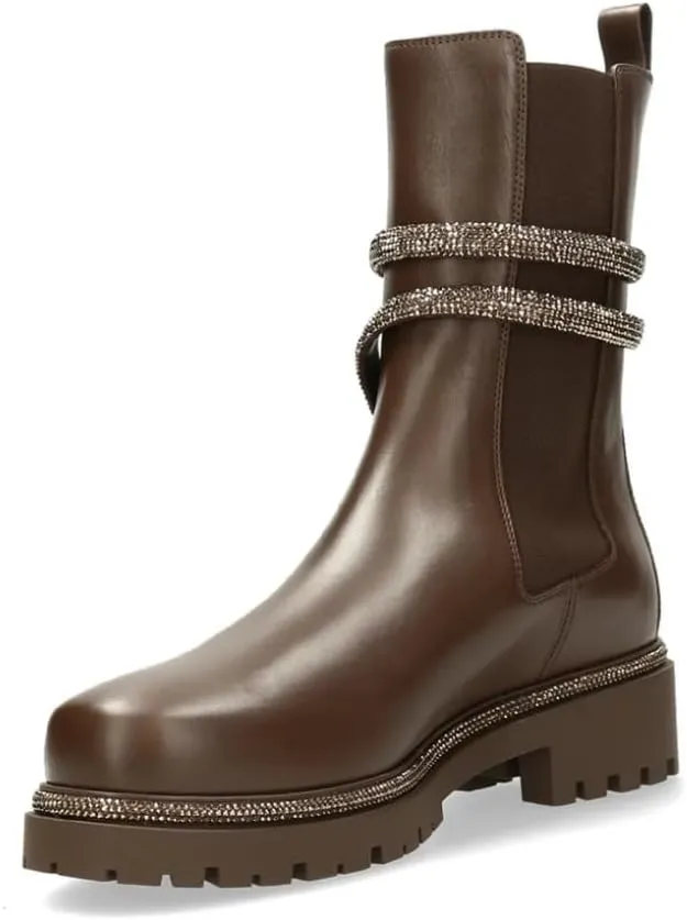 keleimusi Women's Crystal Embellished Ankle Wrap Chelsea Combat Booties with Flat Lugs