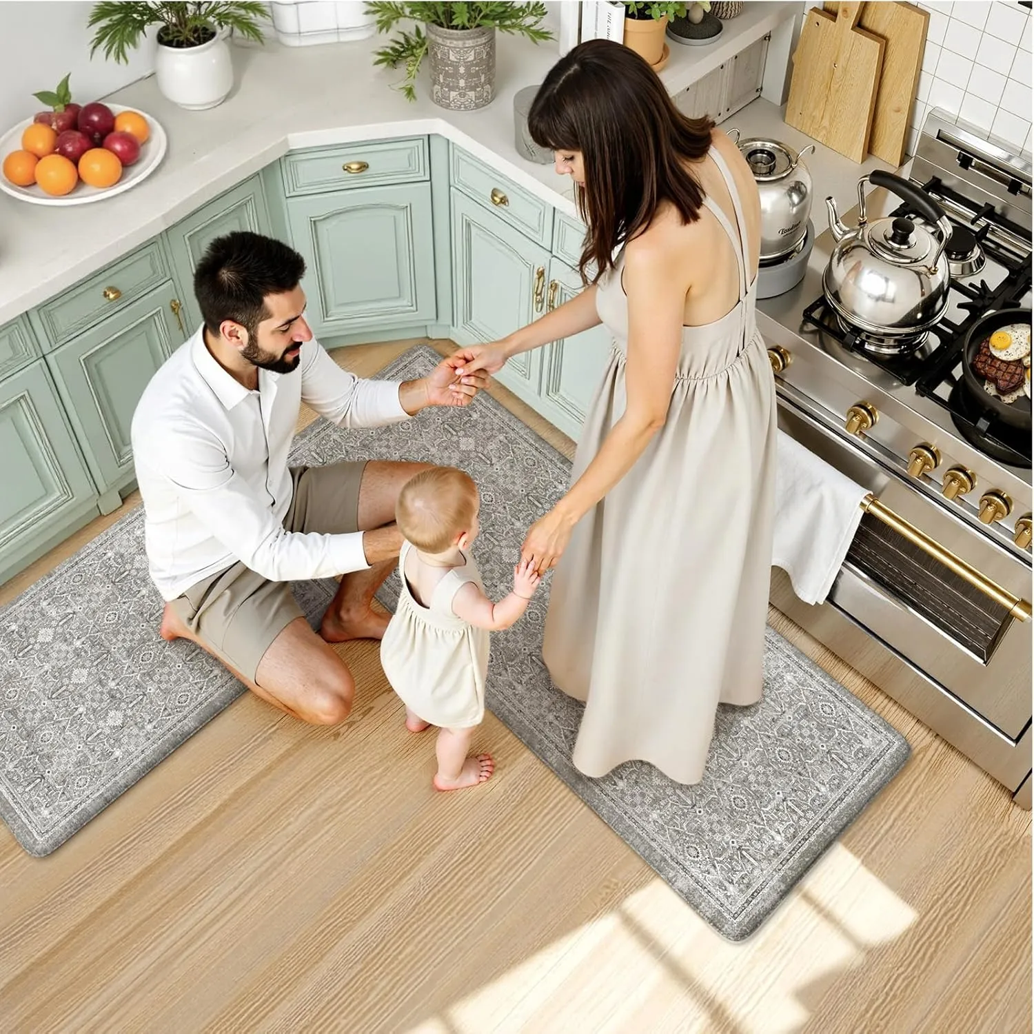 KIMODE Comfort Kitchen Floor Mats Cushioned Anti Fatigue,Boho Farmhouse Kitchen Sink Rug,Memory Foam Ergonomic Standing Mat Waterproof for Laundryroom Sink Home Office,Grey