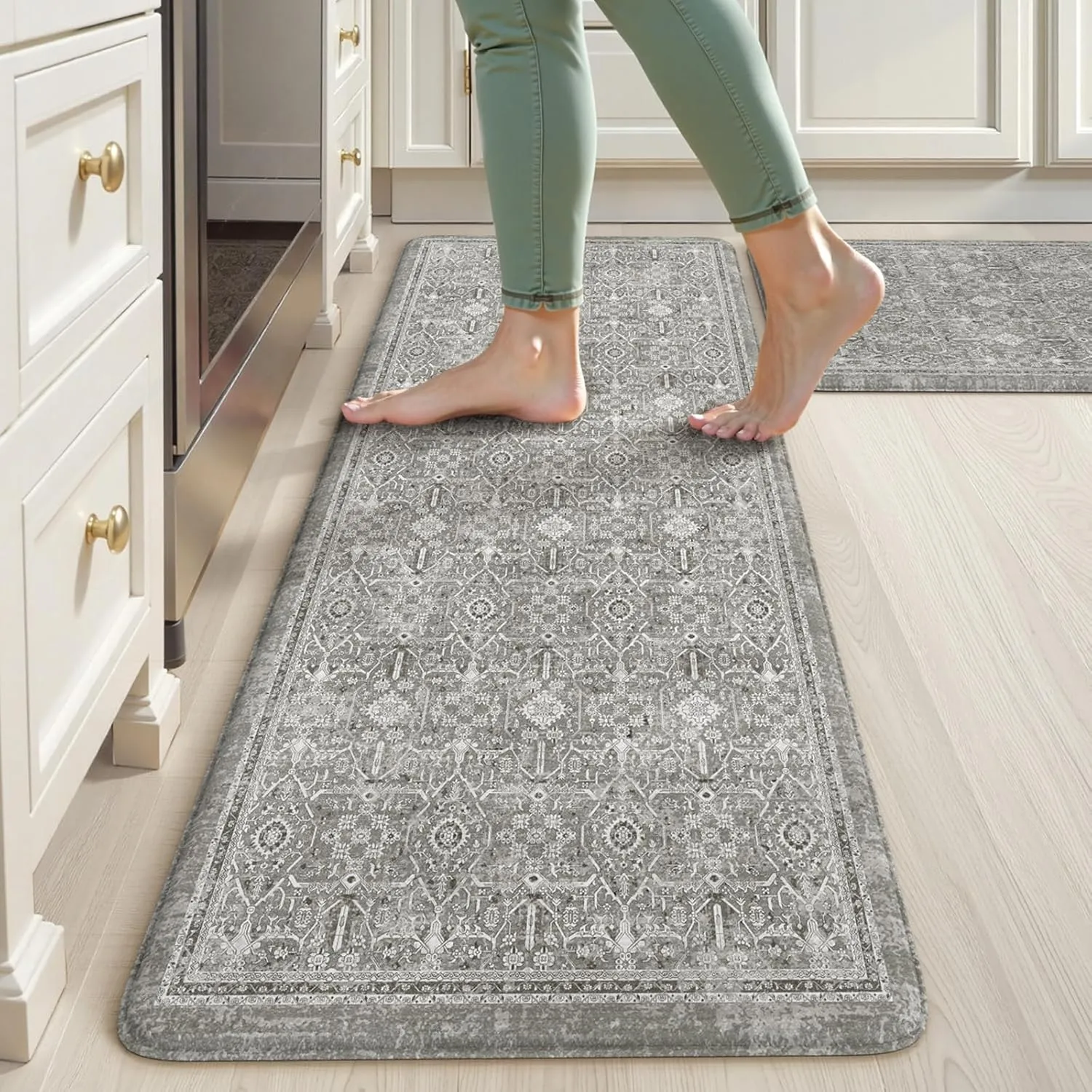KIMODE Comfort Kitchen Floor Mats Cushioned Anti Fatigue,Boho Farmhouse Kitchen Sink Rug,Memory Foam Ergonomic Standing Mat Waterproof for Laundryroom Sink Home Office,Grey