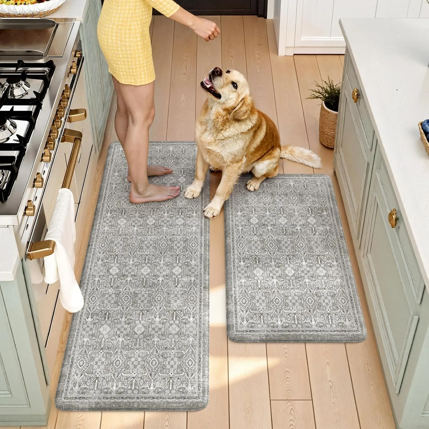 KIMODE Comfort Kitchen Floor Mats Cushioned Anti Fatigue,Boho Farmhouse Kitchen Sink Rug,Memory Foam Ergonomic Standing Mat Waterproof for Laundryroom Sink Home Office,Grey
