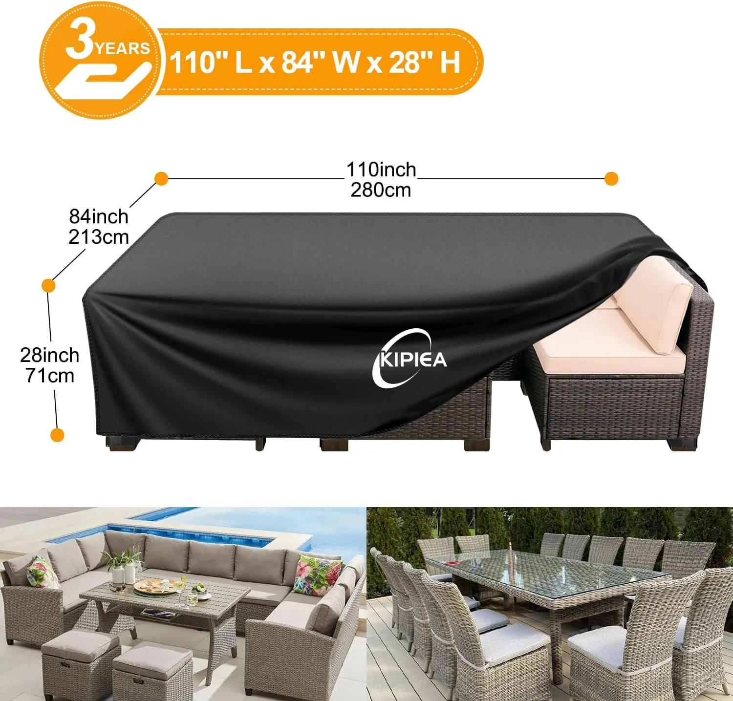 Kipiea Patio Furniture Covers Waterproof Winter, Heavy-Duty Outdoor Furniture Set Covers for Table Chairs, Anti-UV, No Tears or Fading (110" L x 84" W x 28" H)