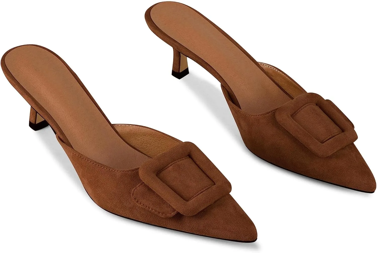 Kitten Heel Mules Sandals for Women Pointed Toe Square Buckle Backless Slip on Suede Stiletto Dress Heeled Sandals Wedding Party Shoes