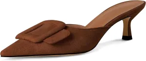 Kitten Heel Mules Sandals for Women Pointed Toe Square Buckle Backless Slip on Suede Stiletto Dress Heeled Sandals Wedding Party Shoes