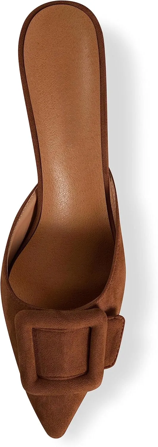 Kitten Heel Mules Sandals for Women Pointed Toe Square Buckle Backless Slip on Suede Stiletto Dress Heeled Sandals Wedding Party Shoes