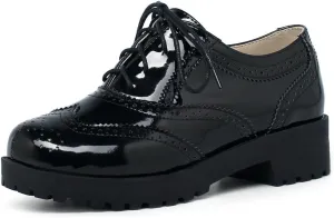 KOKOMOMO Vintage Dress Shoes Platform Wingtip Oxford Shoes Lace Up Chunky Heel Brogue Shoes