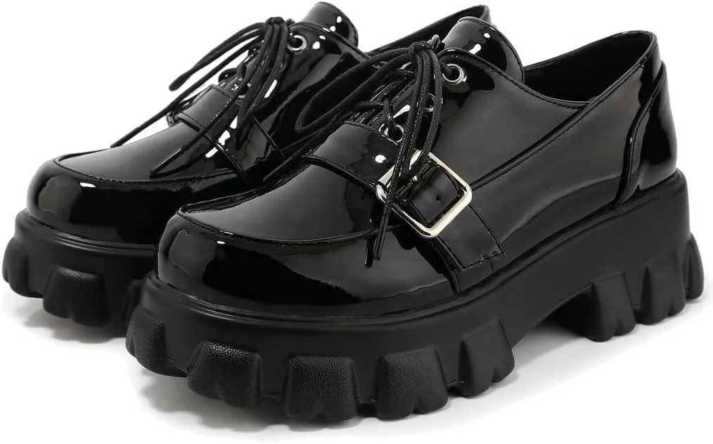 KOKOMOMO Womens Platform Oxford Shoes Chunky Platform Loafers Goth Buckle Shoes