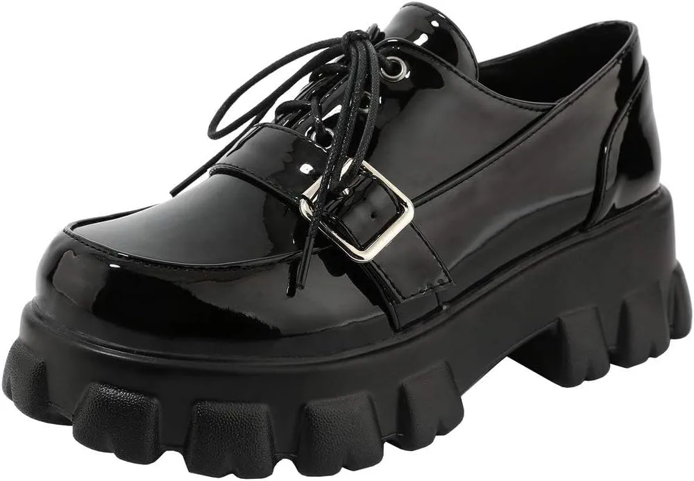 KOKOMOMO Womens Platform Oxford Shoes Chunky Platform Loafers Goth Buckle Shoes