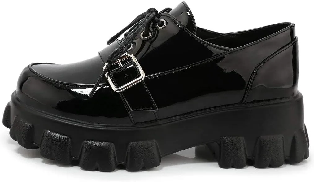 KOKOMOMO Womens Platform Oxford Shoes Chunky Platform Loafers Goth Buckle Shoes