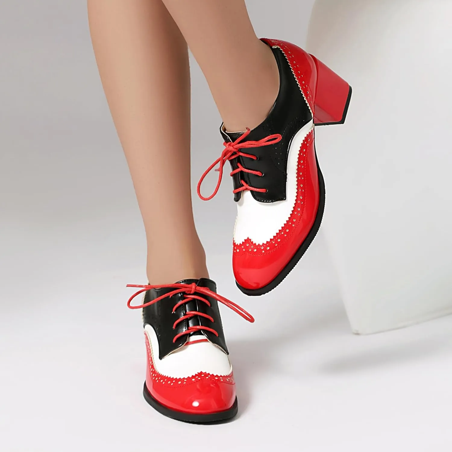 Lace Up Oxford Derby Women Brogue Block Heel