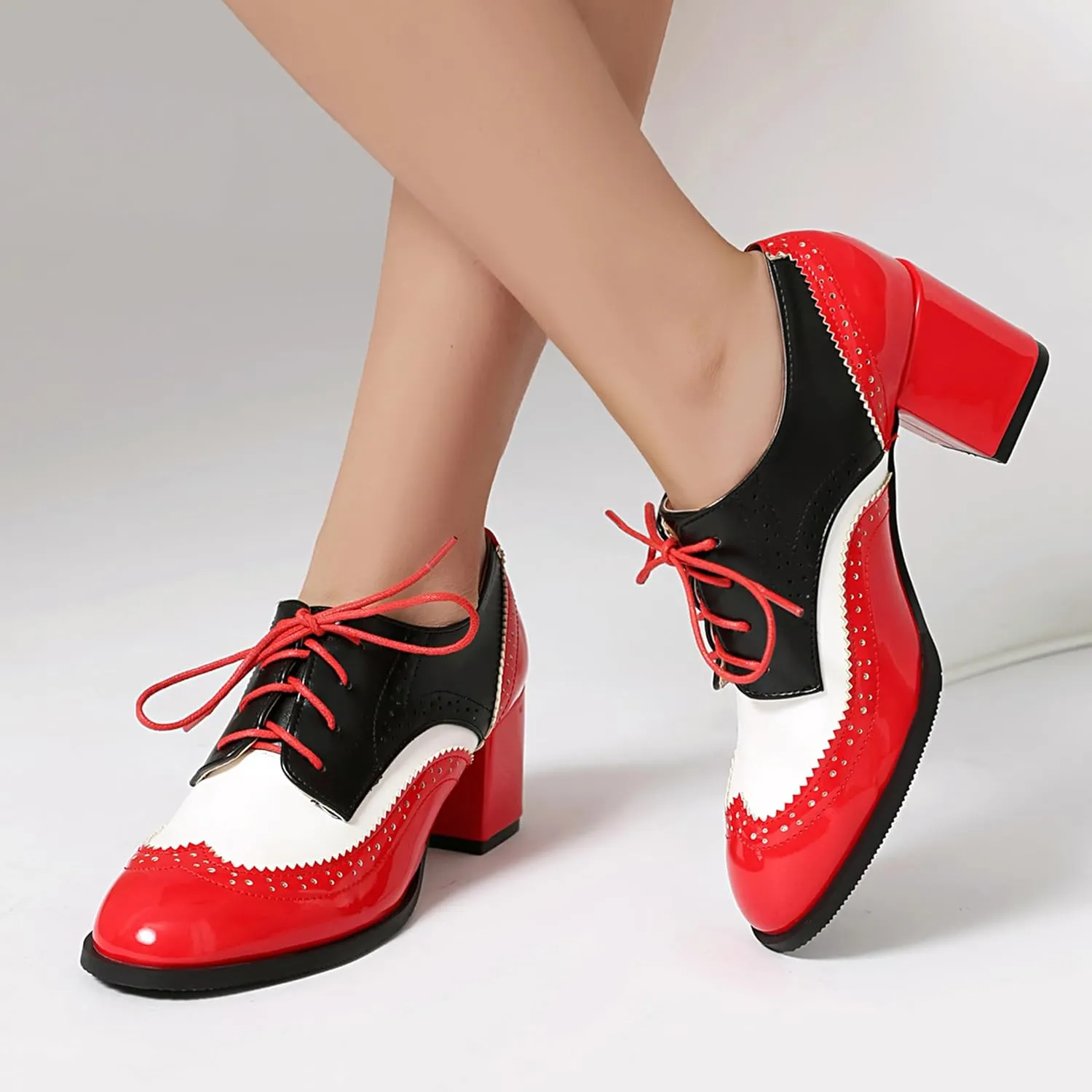Lace Up Oxford Derby Women Brogue Block Heel