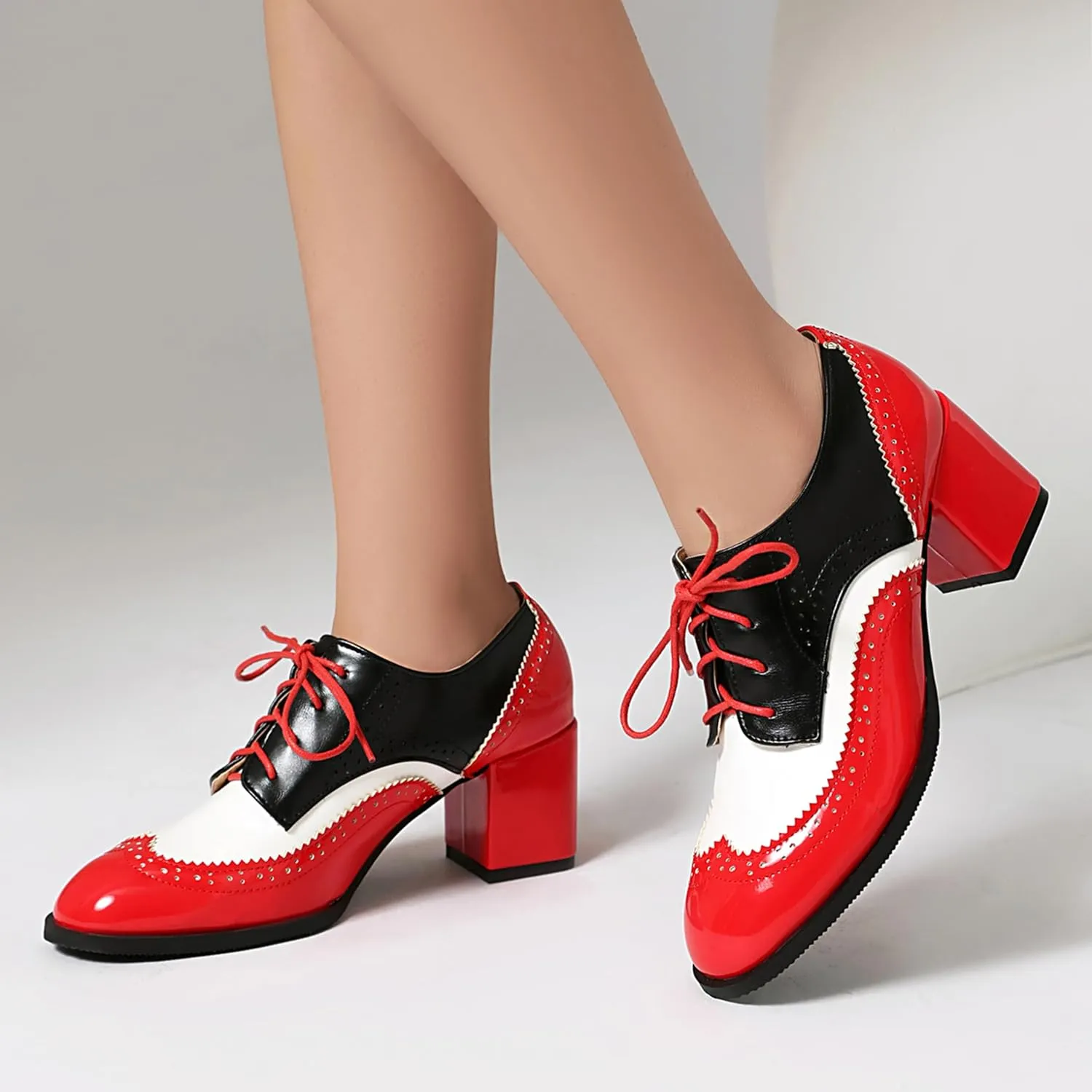 Lace Up Oxford Derby Women Brogue Block Heel