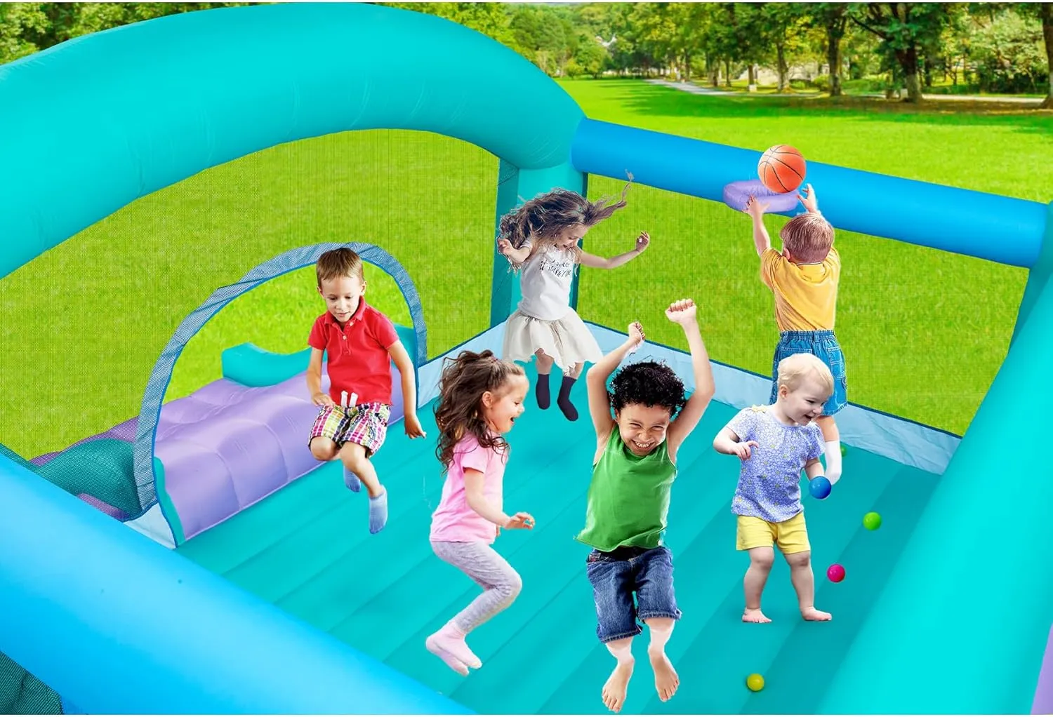 Large Bounce House for Big Kids, 14.8 x 14.5 FT Inflatable Bouncer Jumper Slide with 650W Blower, Basketball Hoop, Throw Ball Game, Ball Pits (Green, 177" L x 174" W x 94" H)