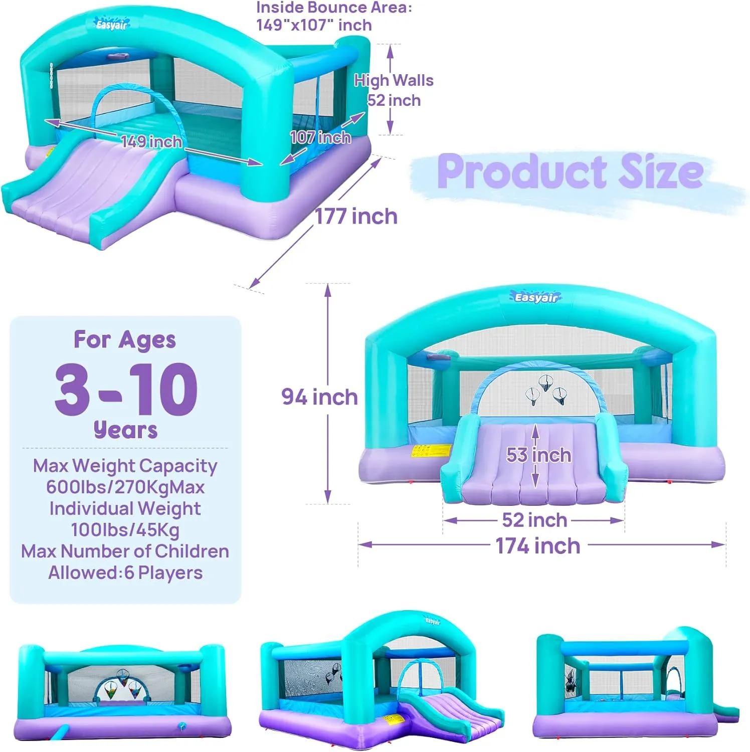 Large Bounce House for Big Kids, 14.8 x 14.5 FT Inflatable Bouncer Jumper Slide with 650W Blower, Basketball Hoop, Throw Ball Game, Ball Pits (Green, 177" L x 174" W x 94" H)