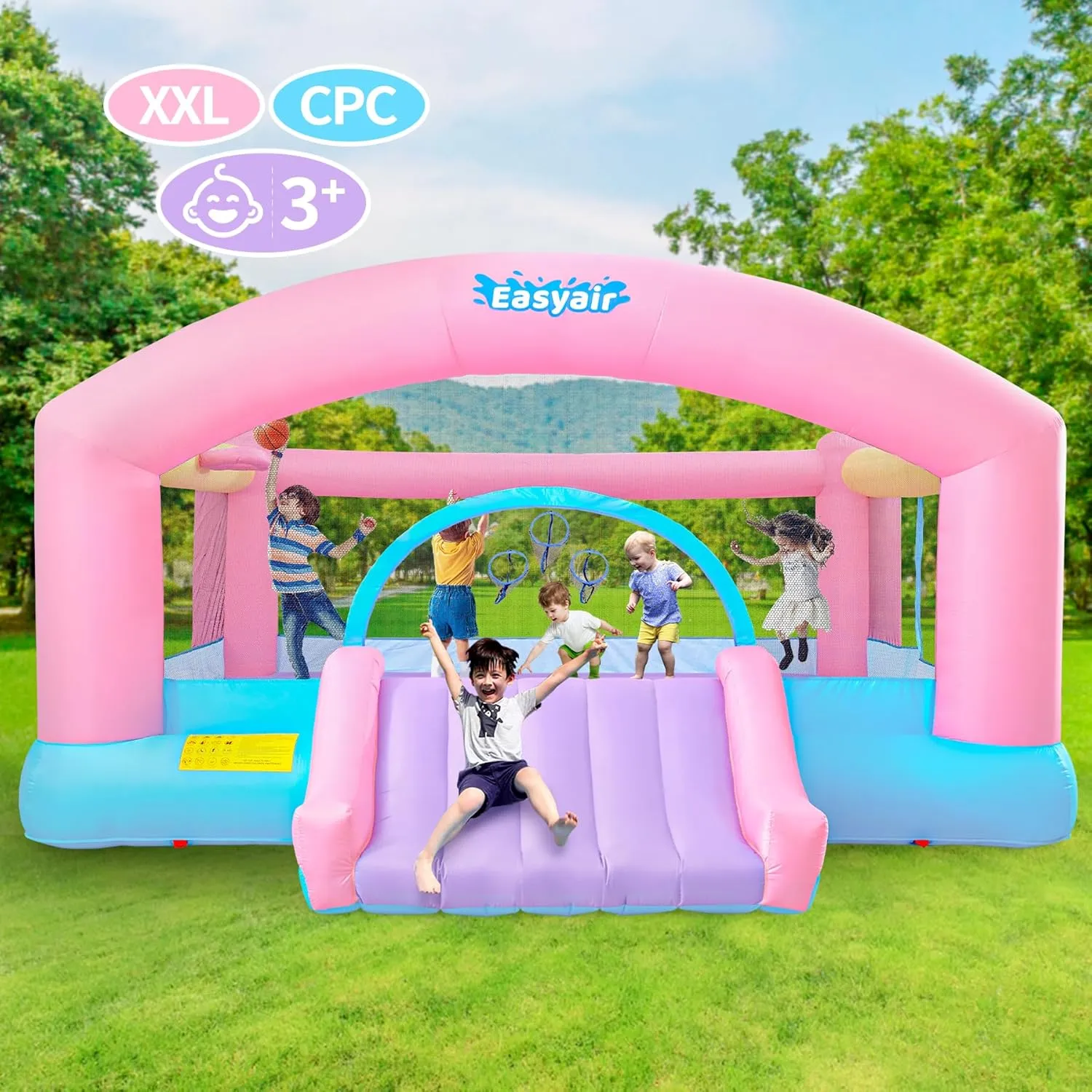 Large Bounce House for Big Kids, 14.8 x 14.5 FT Inflatable Bouncer Jumper Slide with 650W Blower, Basketball Hoop, Throw Ball Game, Ball Pits (Pink, 177" L x 174" W x 94" H)