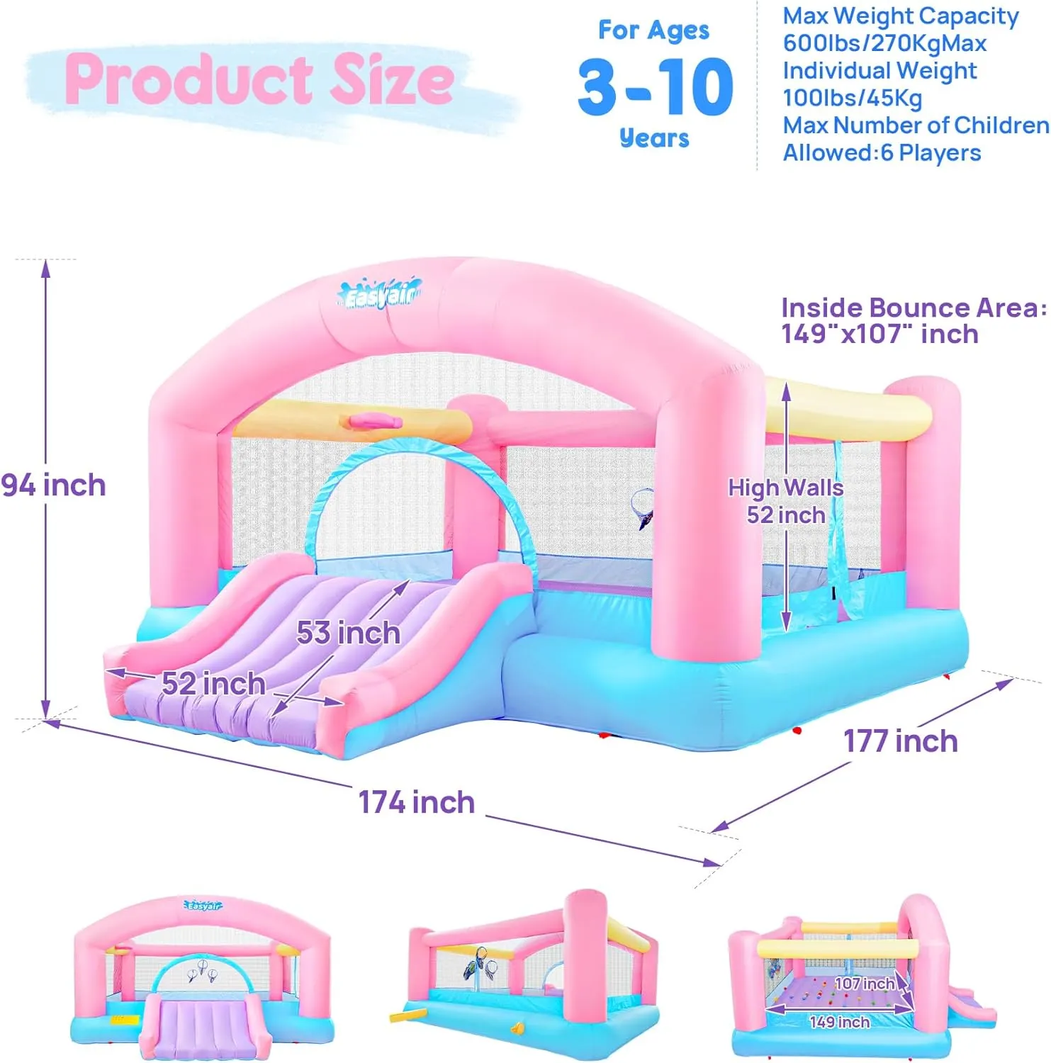 Large Bounce House for Big Kids, 14.8 x 14.5 FT Inflatable Bouncer Jumper Slide with 650W Blower, Basketball Hoop, Throw Ball Game, Ball Pits (Pink, 177" L x 174" W x 94" H)