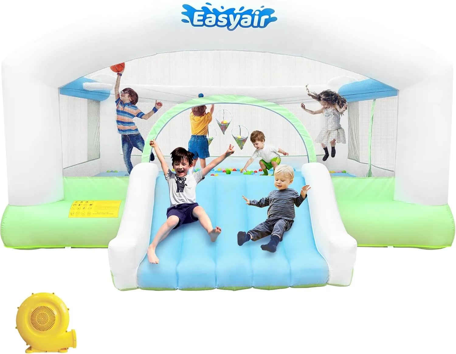 Large Bounce House for Big Kids, 14.8 x 14.5 FT Inflatable Bouncer Jumper Slide with 650W Blower, Basketball Hoop, Throw Ball Game, Ball Pits (White, White, 177" L x 174" W x 94" H)