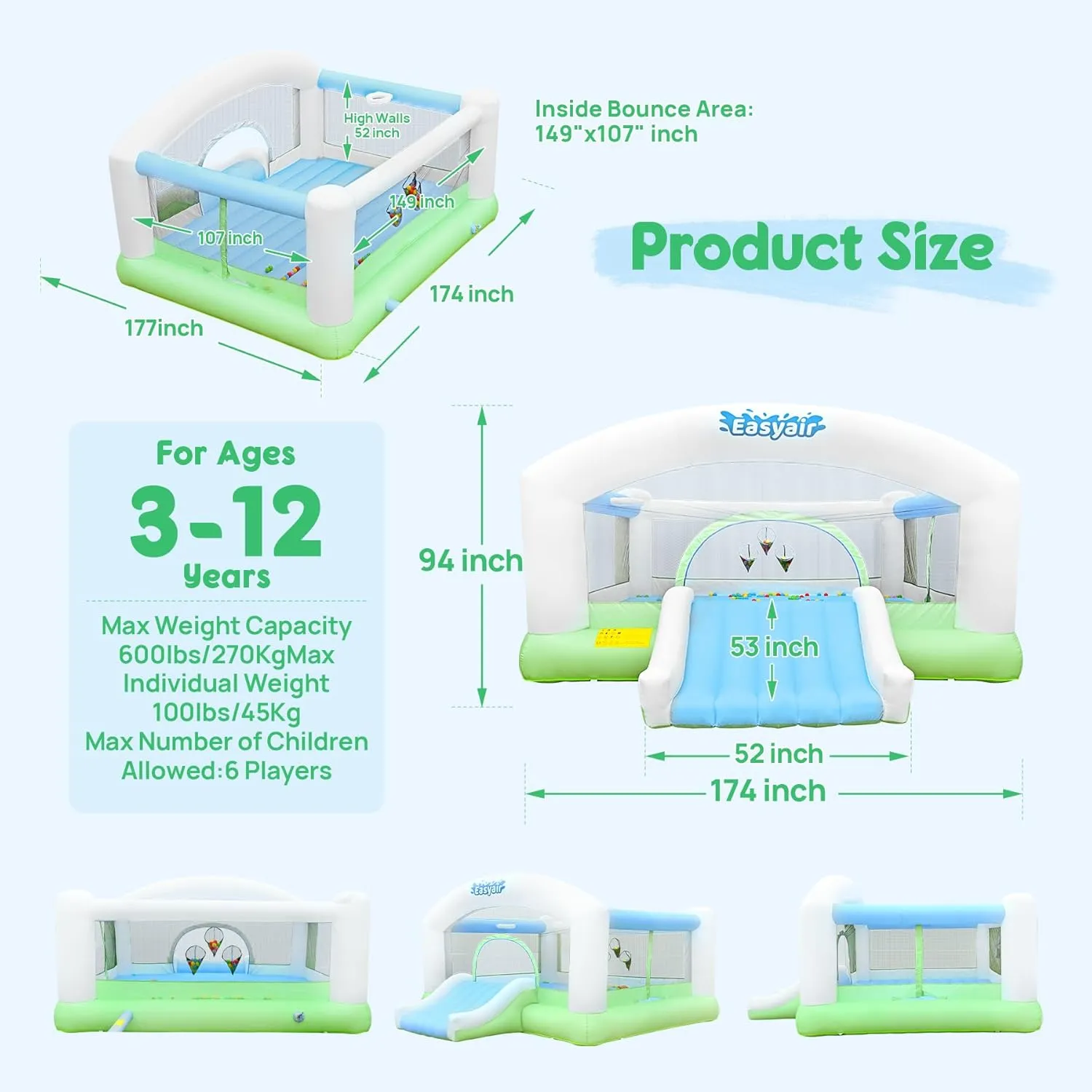 Large Bounce House for Big Kids, 14.8 x 14.5 FT Inflatable Bouncer Jumper Slide with 650W Blower, Basketball Hoop, Throw Ball Game, Ball Pits (White, White, 177" L x 174" W x 94" H)