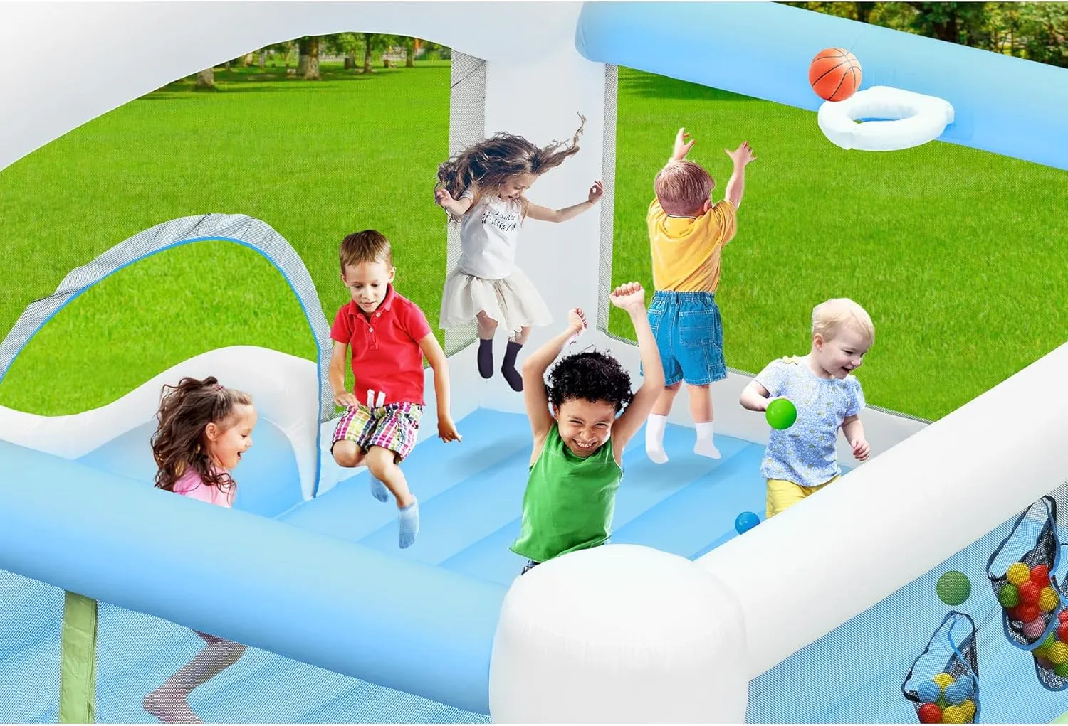 Large Bounce House for Big Kids, 14.8 x 14.5 FT Inflatable Bouncer Jumper Slide with 650W Blower, Basketball Hoop, Throw Ball Game, Ball Pits (White, White, 177" L x 174" W x 94" H)