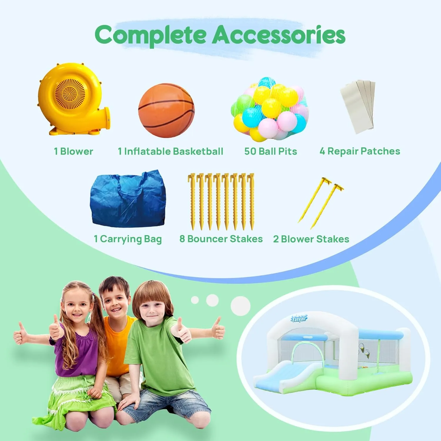 Large Bounce House for Big Kids, 14.8 x 14.5 FT Inflatable Bouncer Jumper Slide with 650W Blower, Basketball Hoop, Throw Ball Game, Ball Pits (White, White, 177" L x 174" W x 94" H)