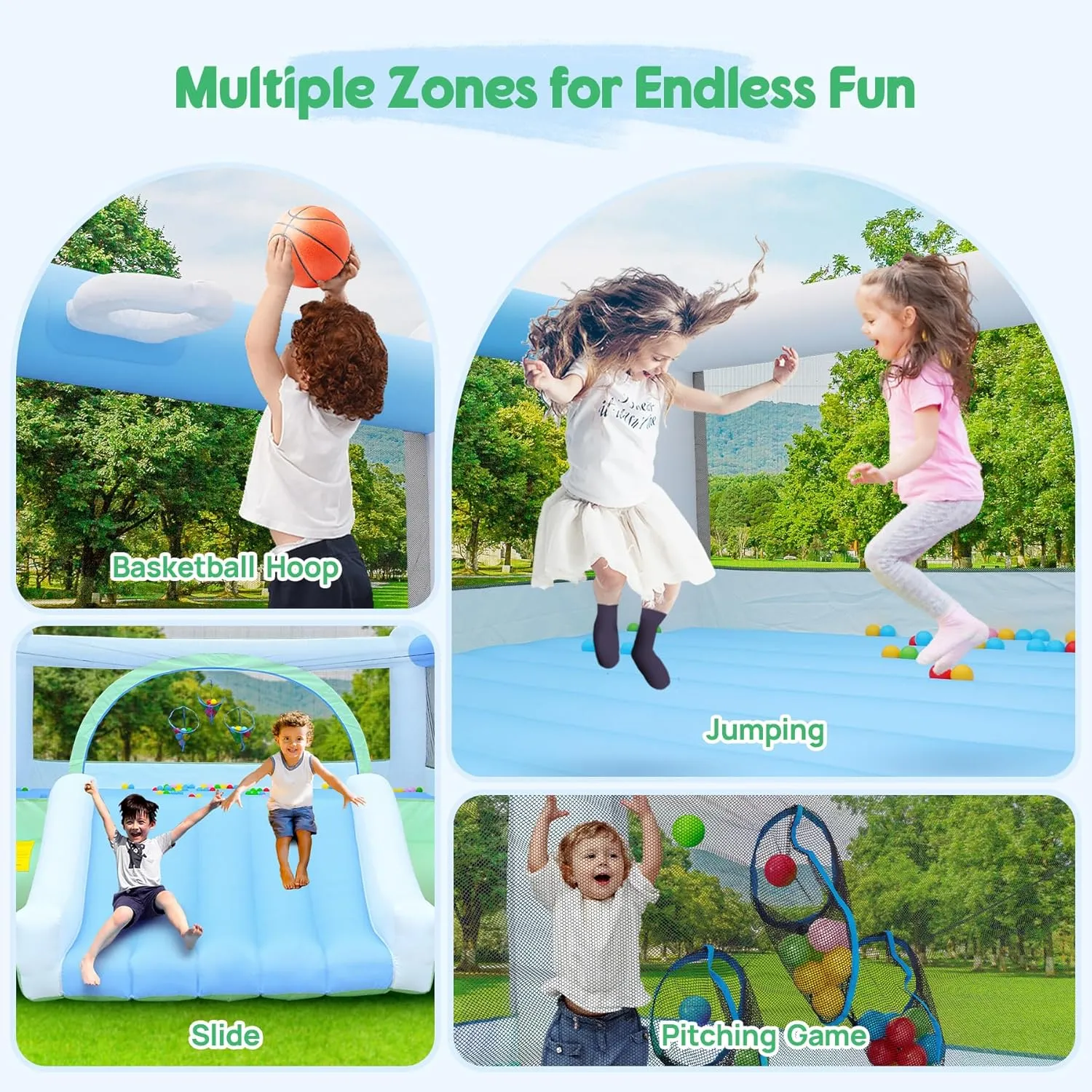 Large Bounce House for Big Kids, 14.8 x 14.5 FT Inflatable Bouncer Jumper Slide with 650W Blower, Basketball Hoop, Throw Ball Game, Ball Pits (White, White, 177" L x 174" W x 94" H)