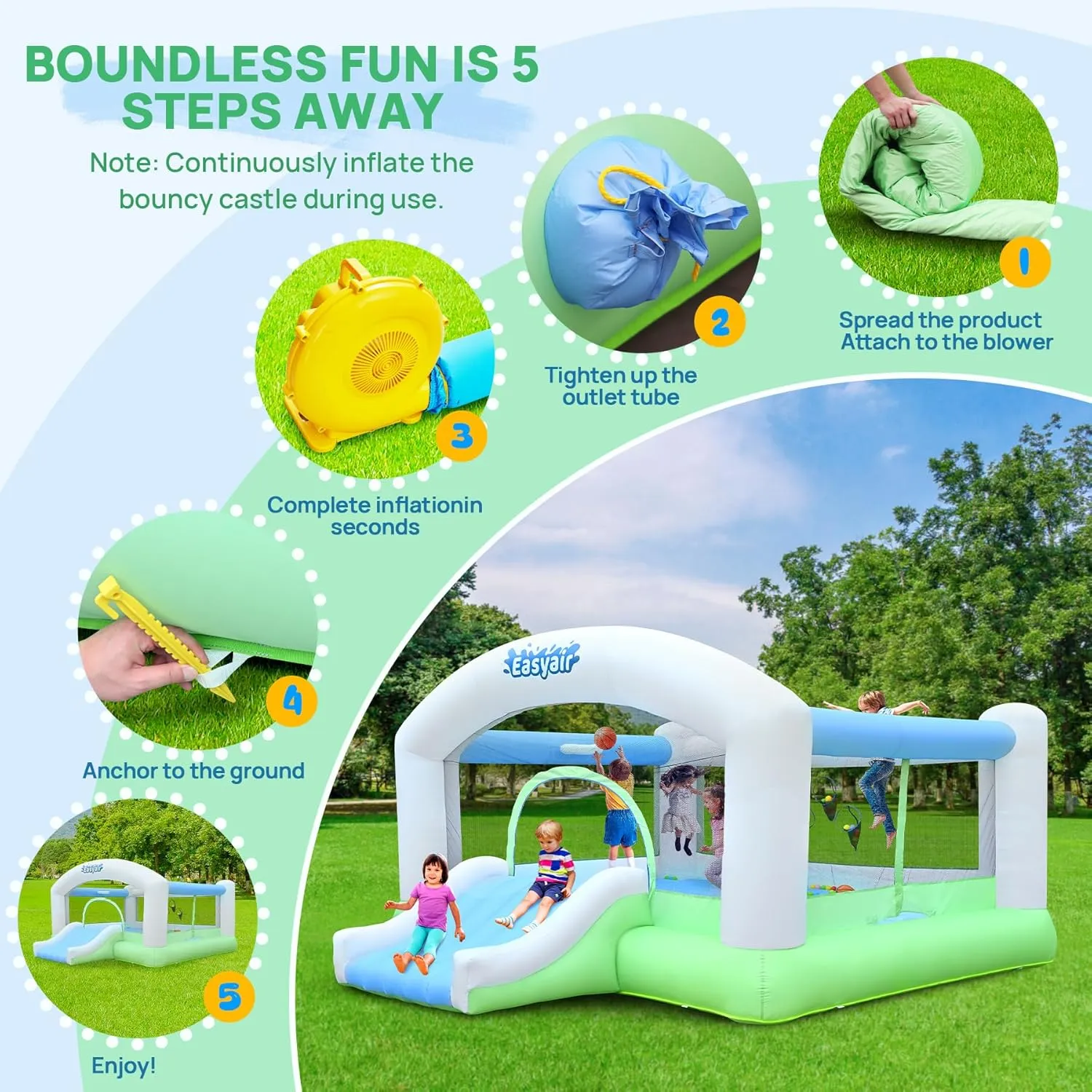 Large Bounce House for Big Kids, 14.8 x 14.5 FT Inflatable Bouncer Jumper Slide with 650W Blower, Basketball Hoop, Throw Ball Game, Ball Pits (White, White, 177" L x 174" W x 94" H)