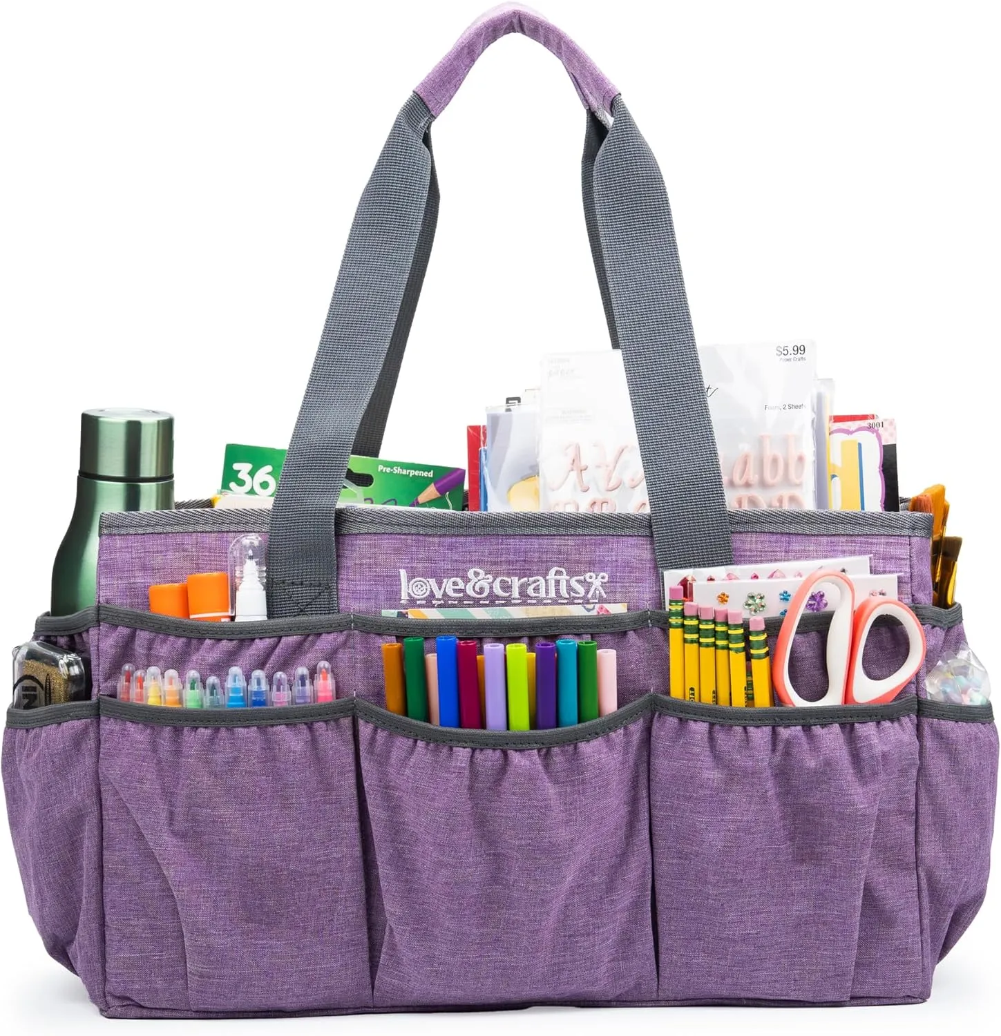 Large Craft Organizer Tote Bag - Art Bag 16 x 7.9 x 9.5 with Elastic Side Pockets to Keep Markers Tidy - Durable Craft Bag Organizer Tote - Caddy Organizer with Handle and Removable Divider (Purple)