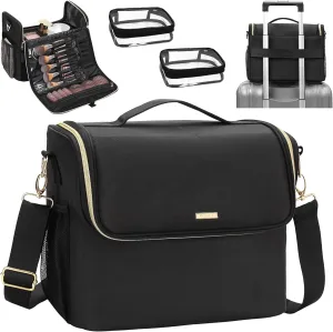 Large Makeup Bag, Tattoo Case with 2 Inner Removable Pouches, Professional Makeup Artist Bag Travel Cosmetic Organizer Case with Adjustable Divider (Large, Black)