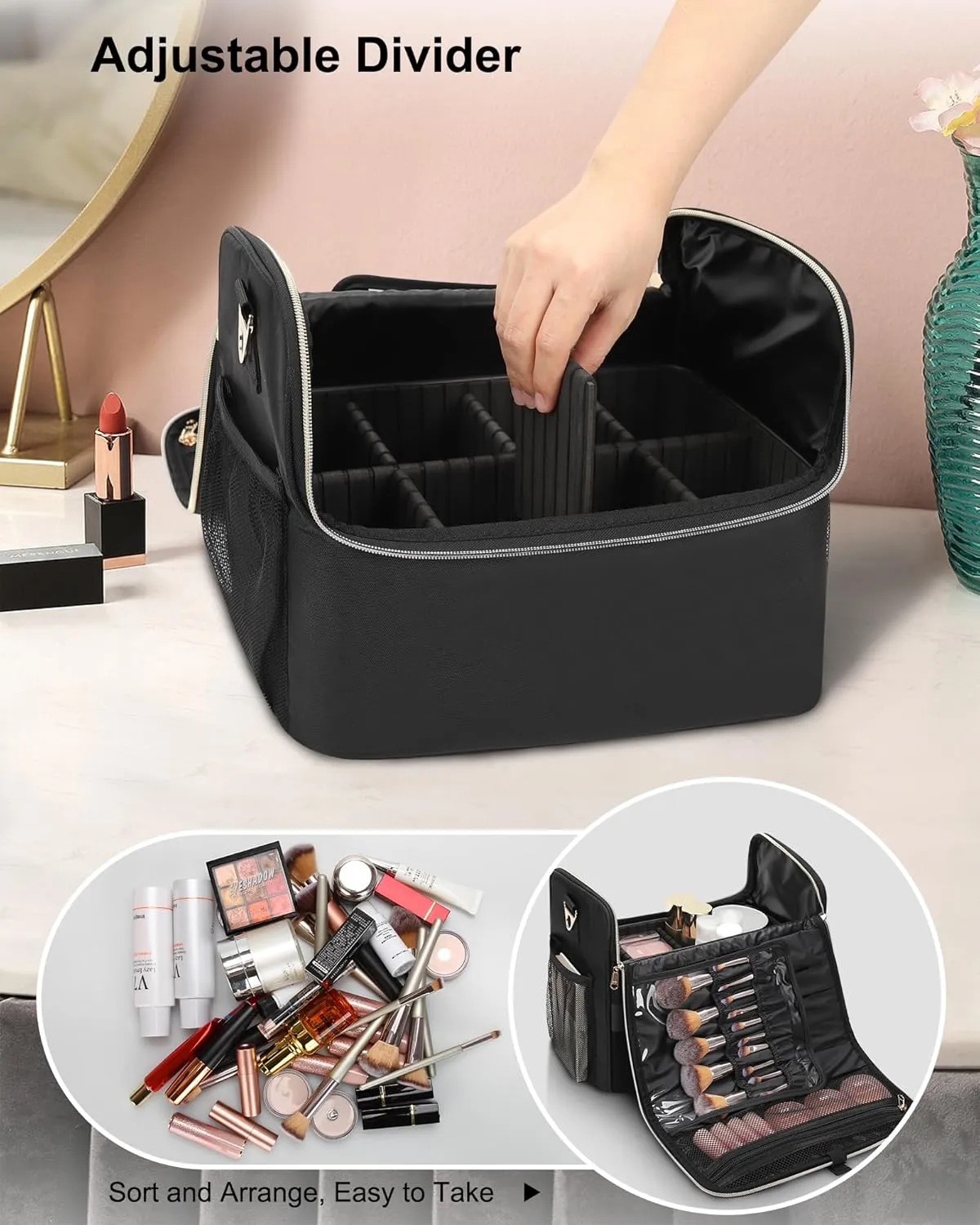 Large Makeup Bag, Tattoo Case with 2 Inner Removable Pouches, Professional Makeup Artist Bag Travel Cosmetic Organizer Case with Adjustable Divider (Large, Black)