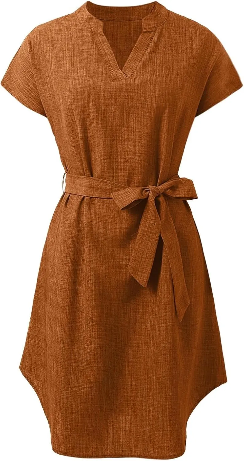 Lightweight Linen Shirt Dress Summer Beach Short Sleeve Midi Dresses with Belt Party Comfy Church Outfits for Women