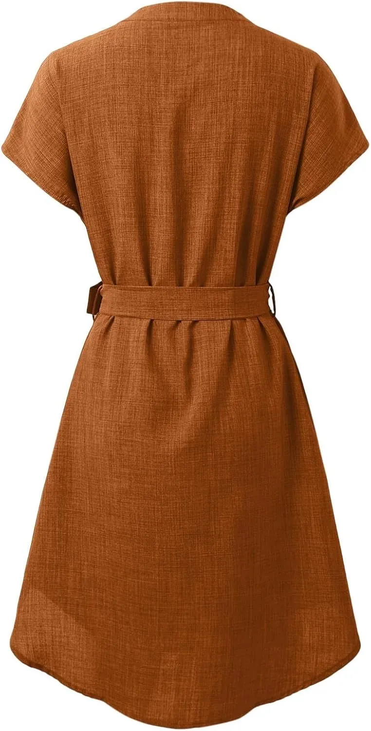 Lightweight Linen Shirt Dress Summer Beach Short Sleeve Midi Dresses with Belt Party Comfy Church Outfits for Women