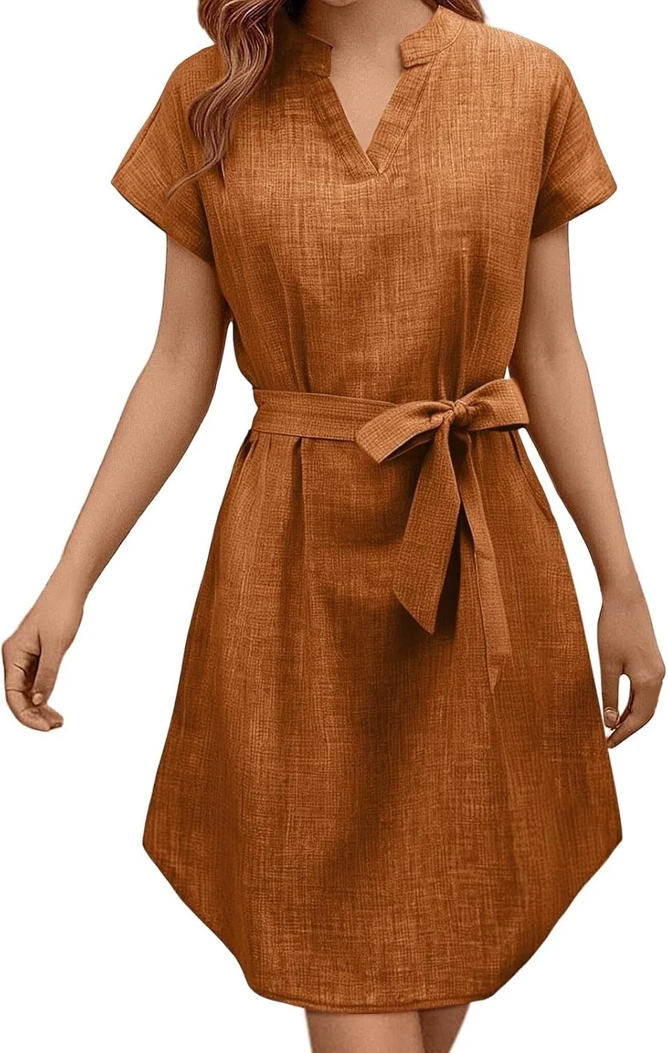 Lightweight Linen Shirt Dress Summer Beach Short Sleeve Midi Dresses with Belt Party Comfy Church Outfits for Women