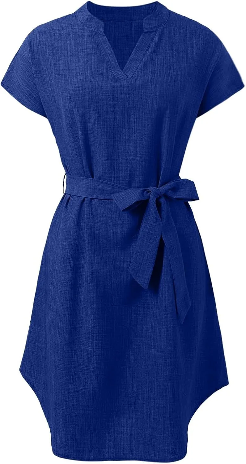 Lightweight Linen Shirt Dress Summer Beach Short Sleeve Midi Dresses with Belt Party Comfy Church Outfits for Women