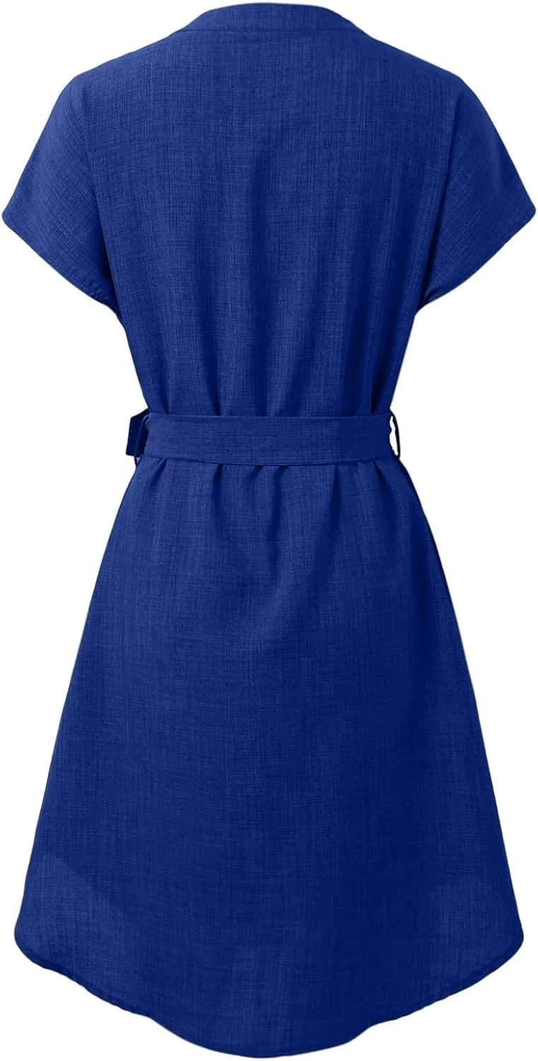 Lightweight Linen Shirt Dress Summer Beach Short Sleeve Midi Dresses with Belt Party Comfy Church Outfits for Women