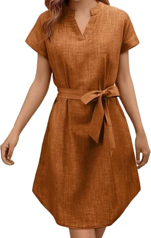 Lightweight Linen Shirt Dress Summer Beach Short Sleeve Midi Dresses with Belt Party Comfy Church Outfits for Women