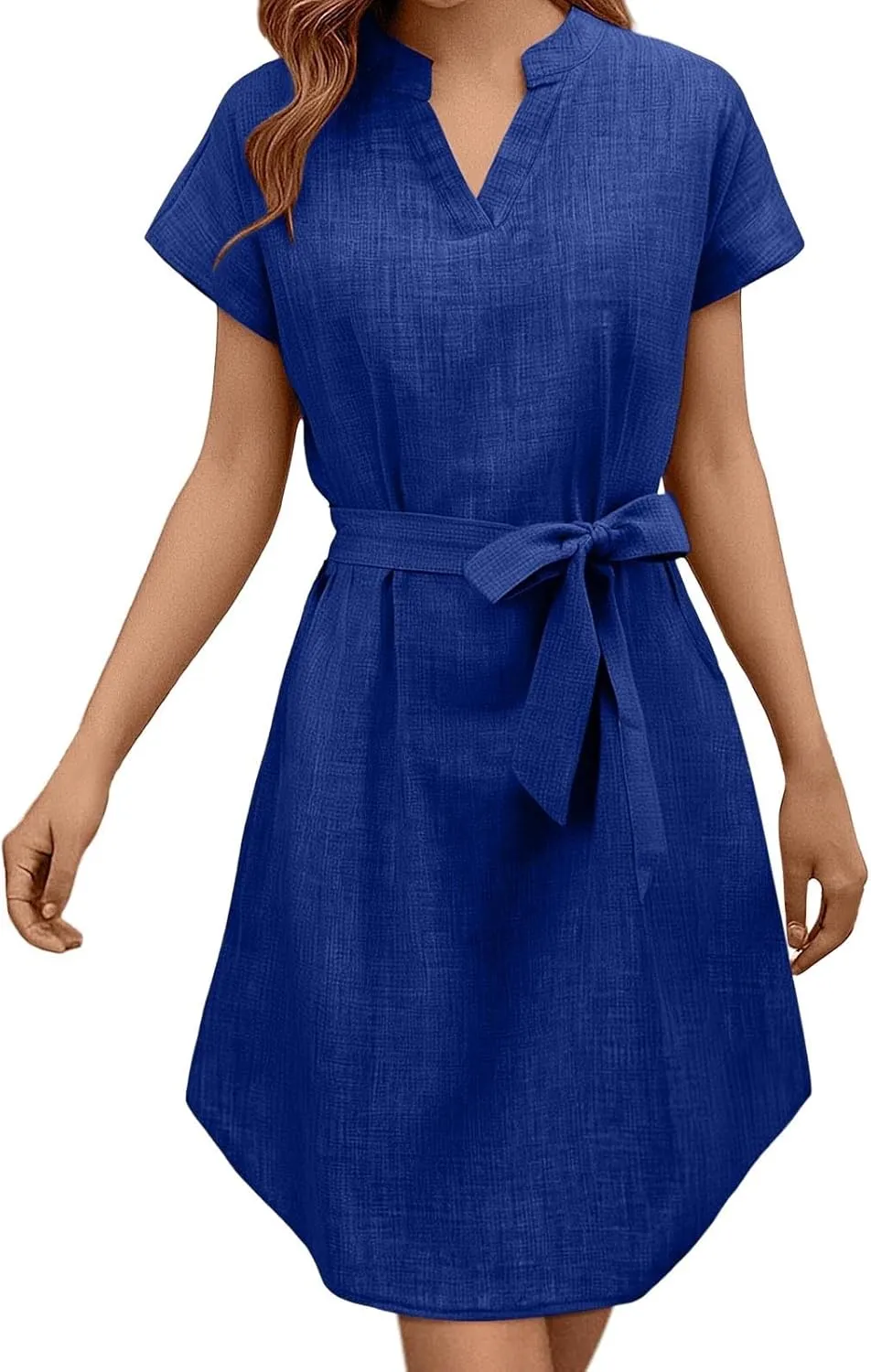 Lightweight Linen Shirt Dress Summer Beach Short Sleeve Midi Dresses with Belt Party Comfy Church Outfits for Women
