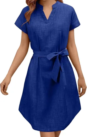 Lightweight Linen Shirt Dress Summer Beach Short Sleeve Midi Dresses with Belt Party Comfy Church Outfits for Women