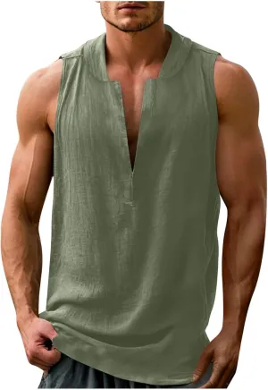 Linen Sleeveless Shirts for Men Beach Vacation Outfits Textured V Neck Tropical Shirt Tank Tops Cut Off Holiday 2025