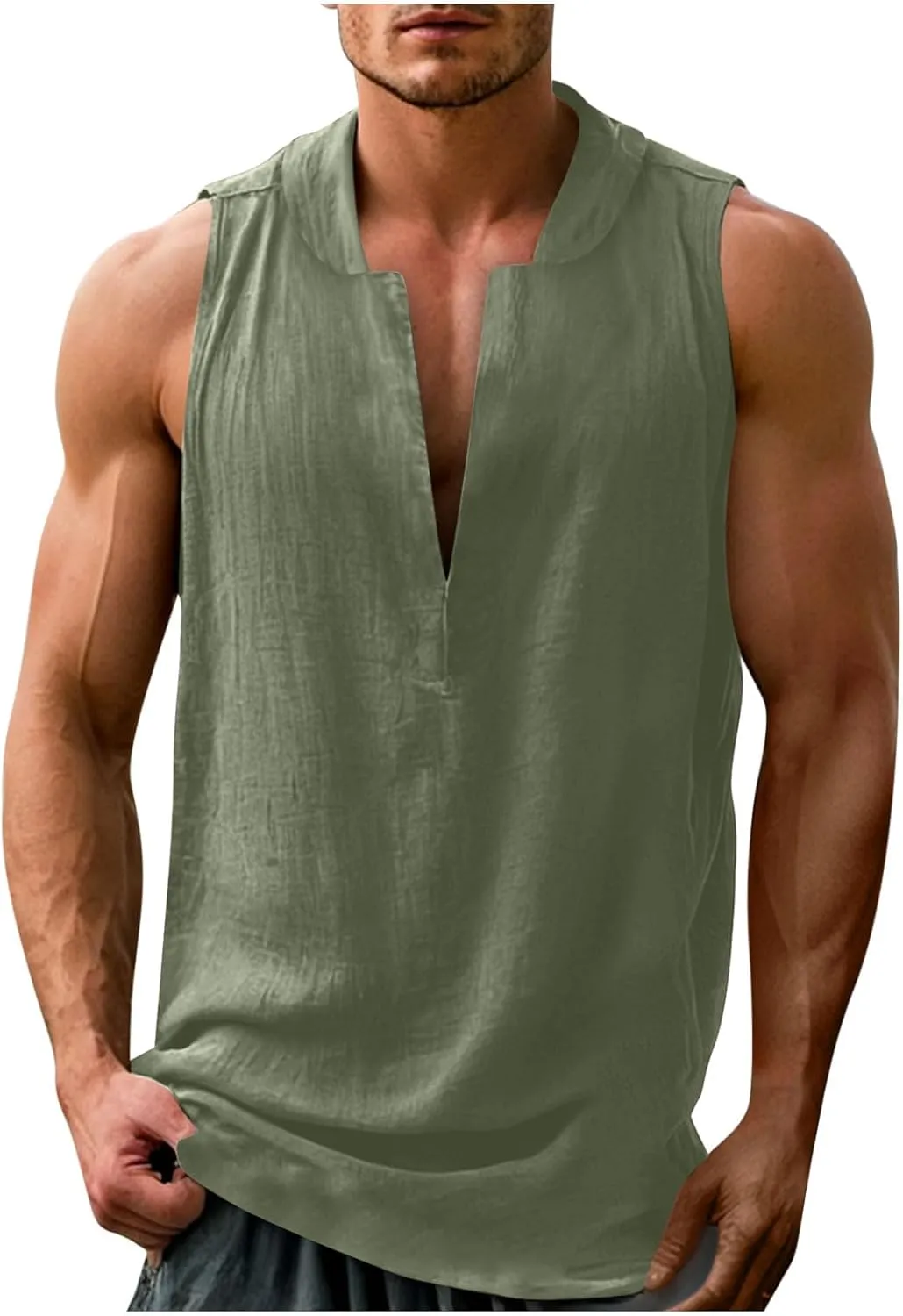 Linen Sleeveless Shirts for Men Beach Vacation Outfits Textured V Neck Tropical Shirt Tank Tops Cut Off Holiday 2025