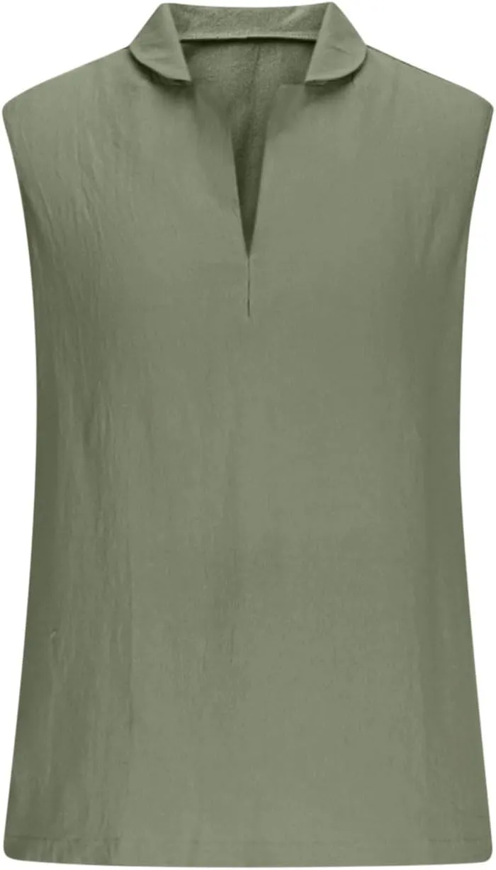 Linen Sleeveless Shirts for Men Beach Vacation Outfits Textured V Neck Tropical Shirt Tank Tops Cut Off Holiday 2025