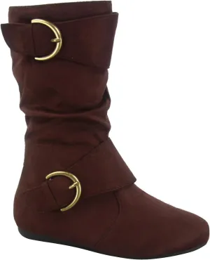 Link Klein-70k Girl's Kid's Faux Suede Two Buckle Zipper Flat Heel Mid Calf Slouchy Boot Shoes (11 B(M) US, Brown)