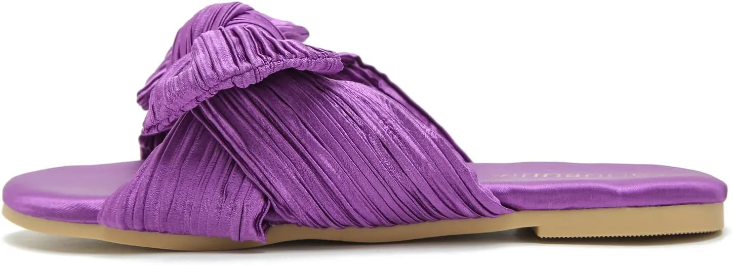LIURUIJIA Womens Pleated Satin Bow Flats Slide Sandals Casual Dressy Open Toe Slip on Cute Summer Shoes