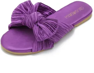 LIURUIJIA Womens Pleated Satin Bow Flats Slide Sandals Casual Dressy Open Toe Slip on Cute Summer Shoes