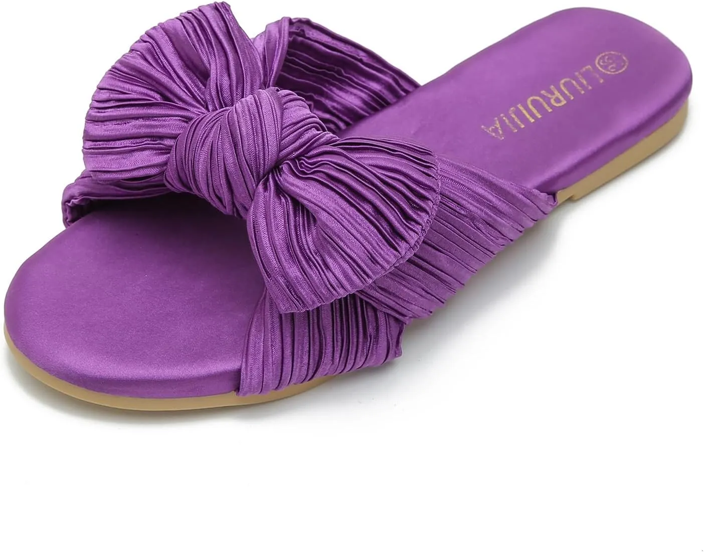 LIURUIJIA Womens Pleated Satin Bow Flats Slide Sandals Casual Dressy Open Toe Slip on Cute Summer Shoes