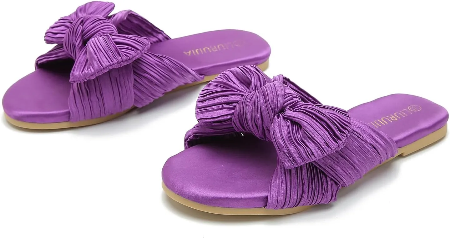 LIURUIJIA Womens Pleated Satin Bow Flats Slide Sandals Casual Dressy Open Toe Slip on Cute Summer Shoes