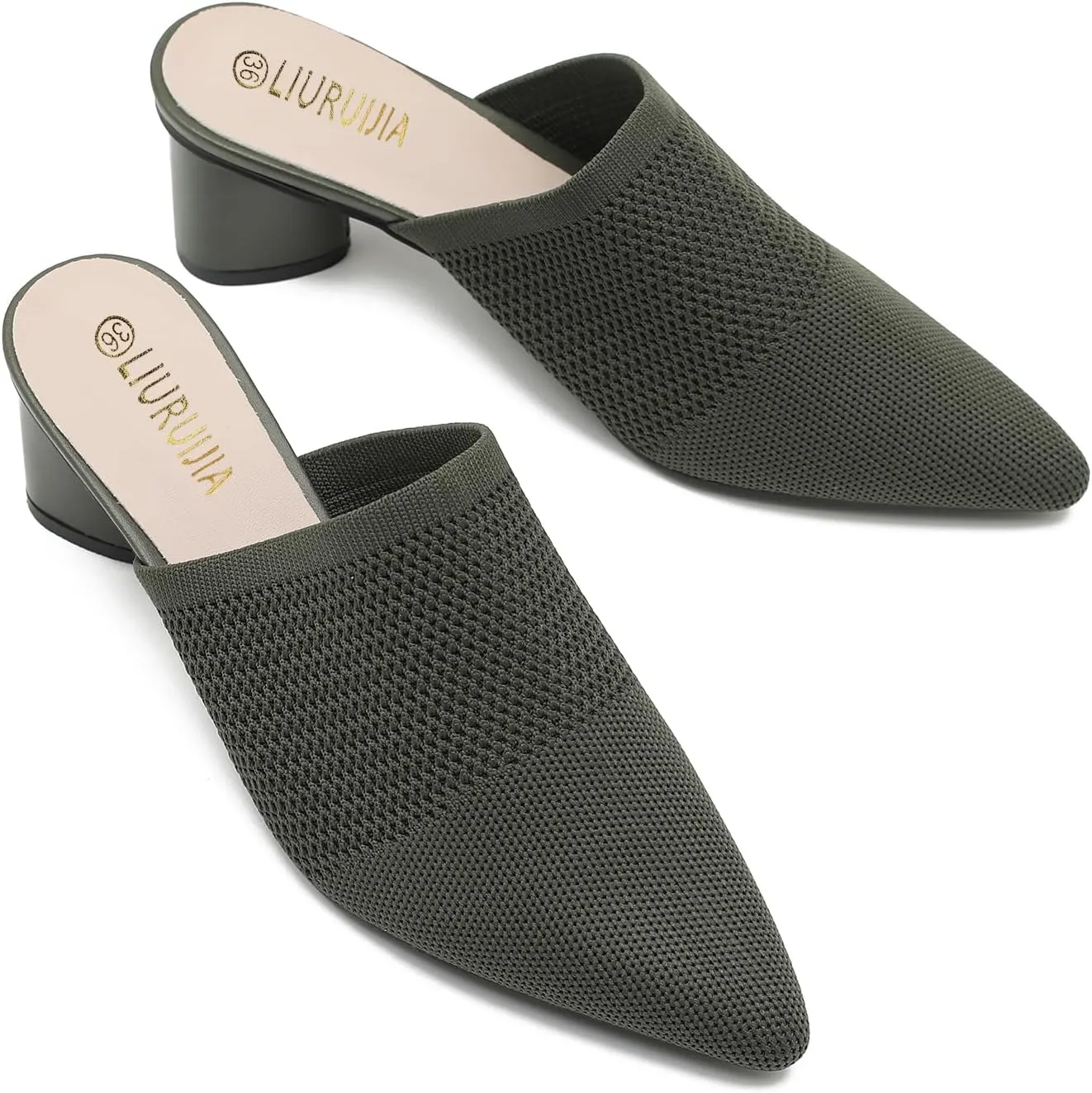 LIURUIJIA Women's Pointed Toe Mules Heels Chunky Heeled Sandals Breathable Mesh Knit Slip On Dress Sandals For Women